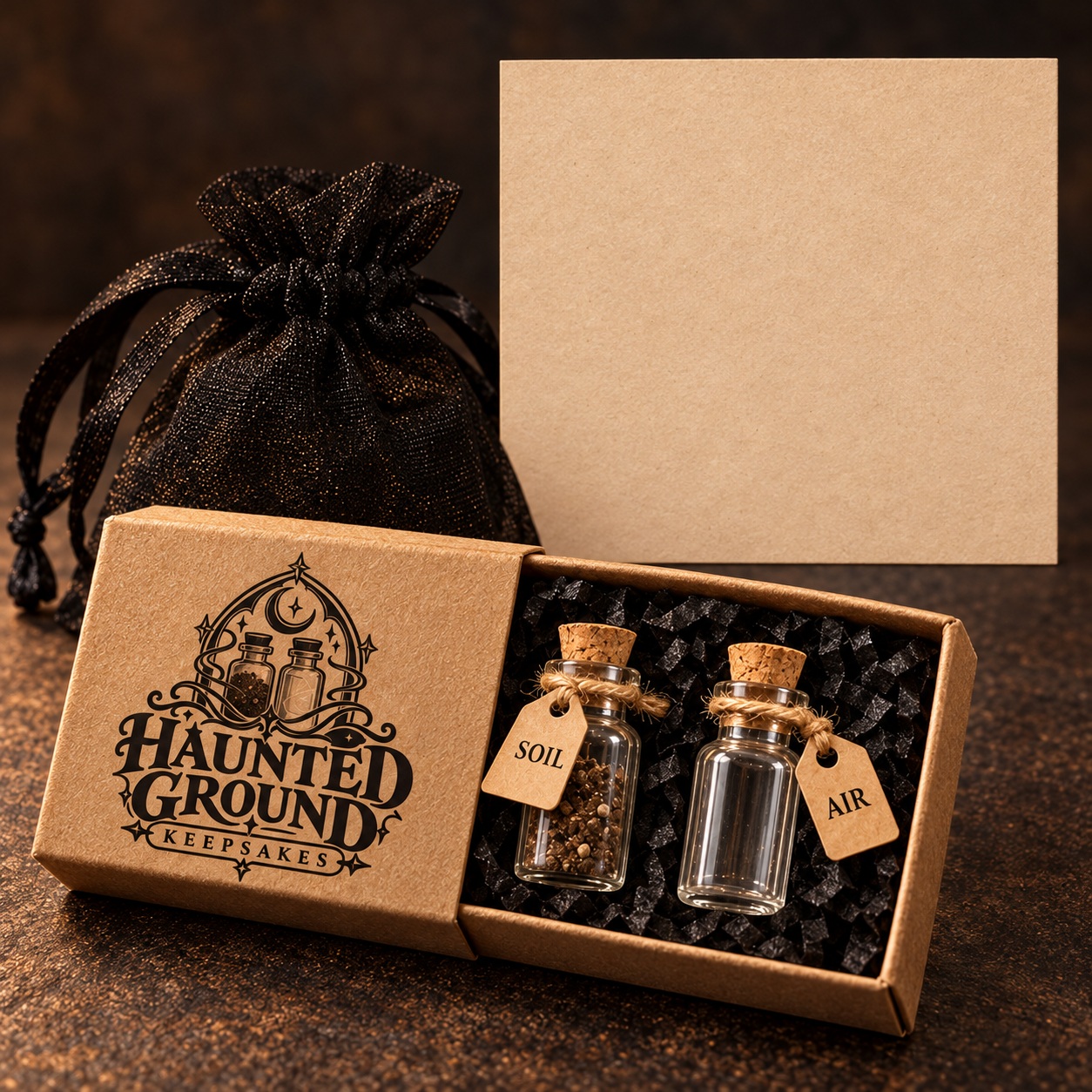 Mockup of the kraft keepsake box, soil and air vials, black filler and organza bag